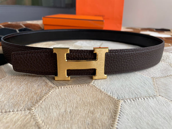 H CONTANCE BELT 32MM GOLD BUCKLE BLACK DARK BROWN LEATHER