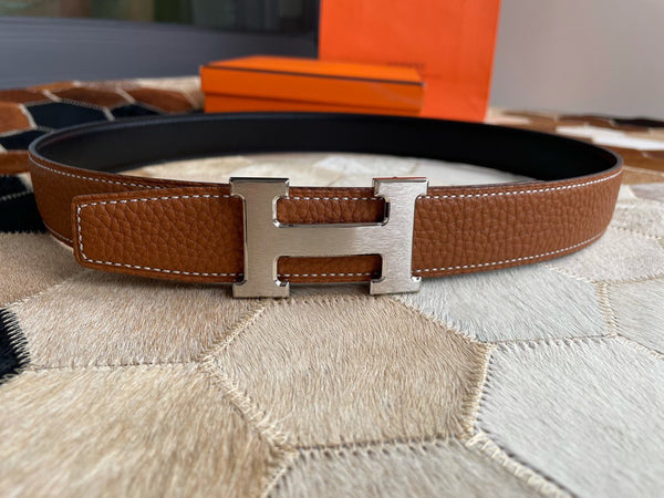 H CONTANCE BELT 32MM SILVER BUCKLE BLACK DARK BROWN LEATHER