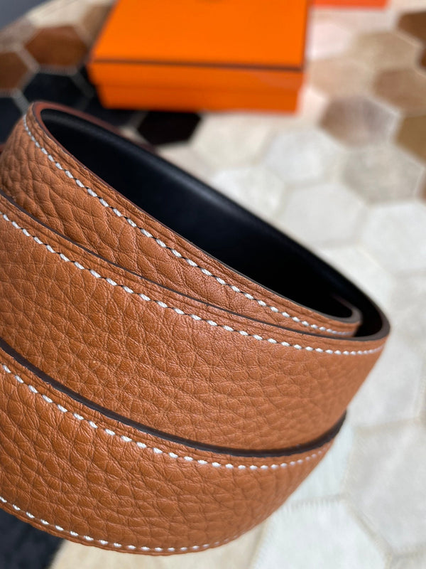 H CONTANCE BELT 32MM SILVER BUCKLE BLACK DARK BROWN LEATHER