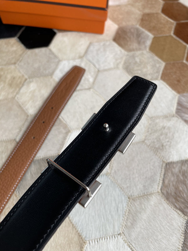 H CONTANCE BELT 32MM SILVER BUCKLE BLACK DARK BROWN LEATHER