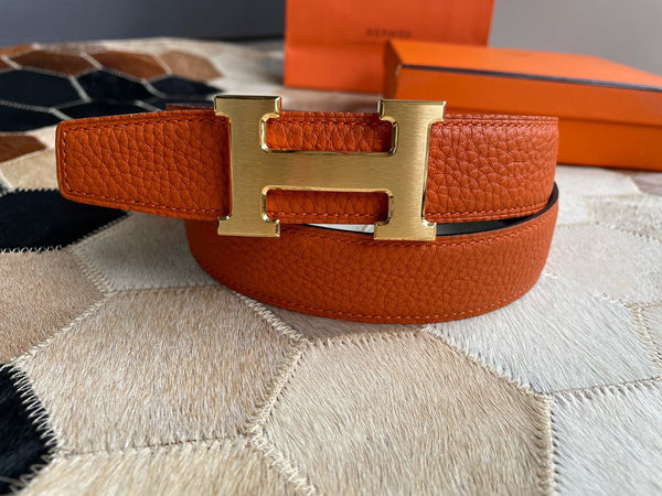 H CONTANCE BELT 32MM GOLD BUCKLE BLACK ORANGE LEATHER
