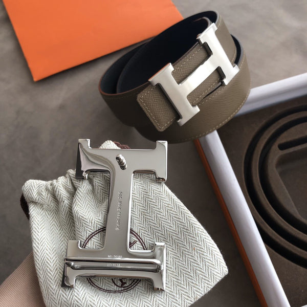 H CONTANCE BELT 38MM SILVER BUCKLE GREY LEATHER