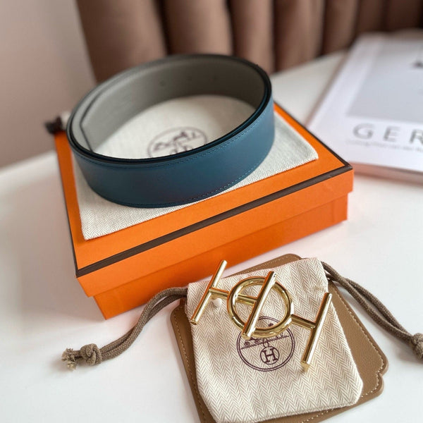 H ULYSSE BELT 38MM GOLD BUCKLE BLUE GREY LEATHER