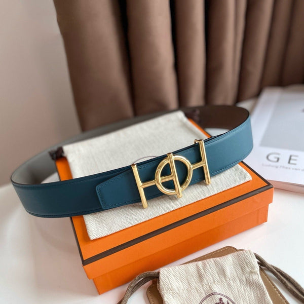 H ULYSSE BELT 38MM GOLD BUCKLE BLUE GREY LEATHER