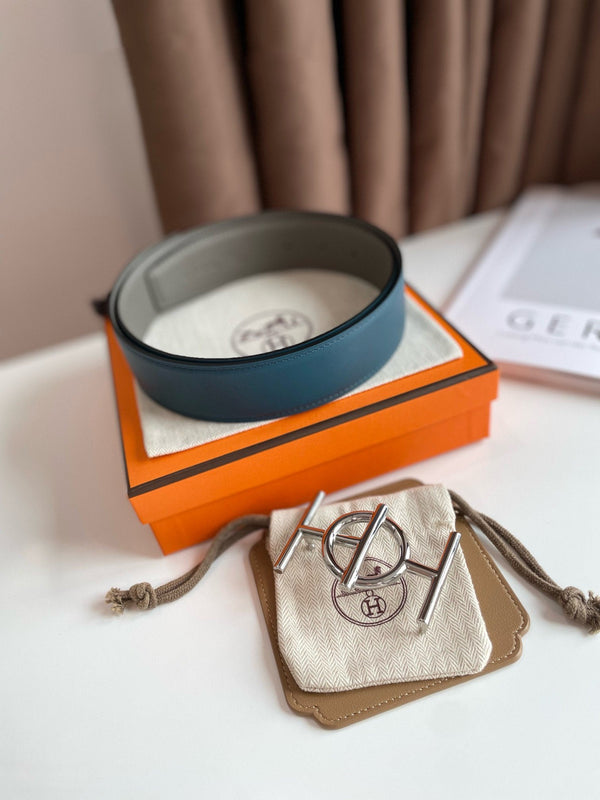 H ULYSSE BELT 38MM SILVER BUCKLE BLUE GREY LEATHER