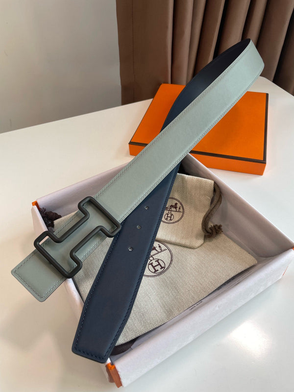 H TONIGHT BELT 38MM BLACK BUCKLE DARK BLUE GREY LEATHER