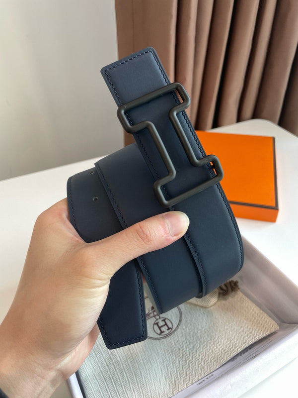 H TONIGHT BELT 38MM BLACK BUCKLE DARK BLUE GREY LEATHER