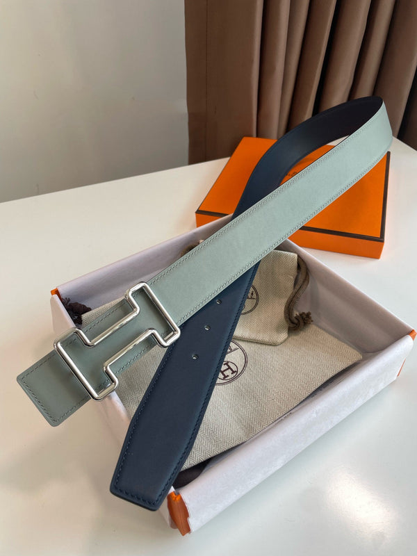 H TONIGHT BELT 38MM SILVER BUCKLE DARK BLUE GREY LEATHER