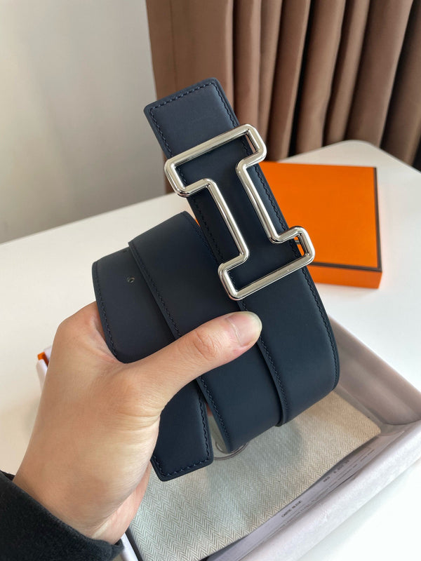 H TONIGHT BELT 38MM SILVER BUCKLE DARK BLUE GREY LEATHER
