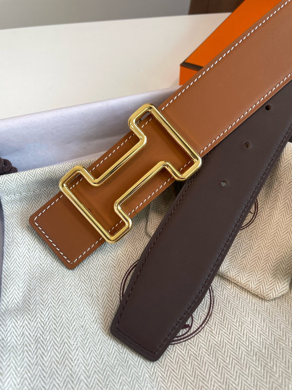 H TONIGHT BELT 38MM GOLD BUCKLE CHESTNUTE GRAPHITE LEATHER