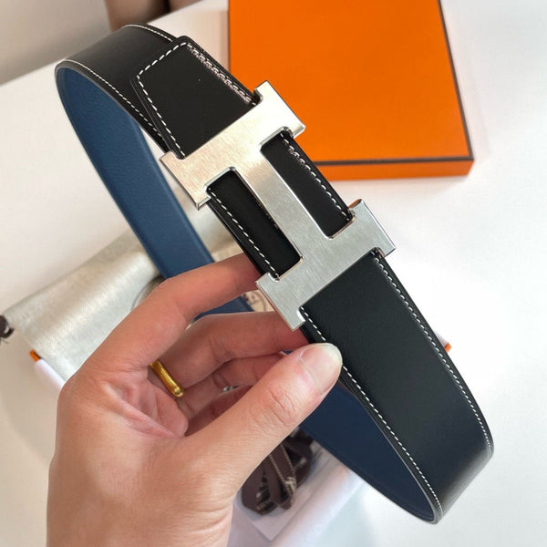 H CONTANCE BELT 38MM SILVER BUCKLE BLACK BLUE LEATHER