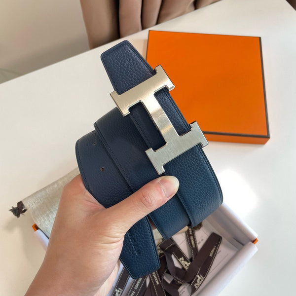 H CONTANCE BELT 38MM SILVER BUCKLE BLACK BLUE LEATHER