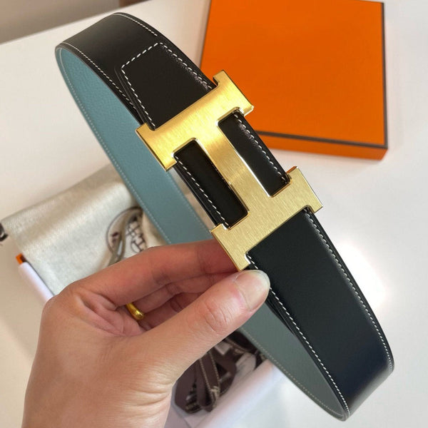 H CONTANCE BELT 38MM GOLD BUCKLE BLACK SKY BLUE LEATHER