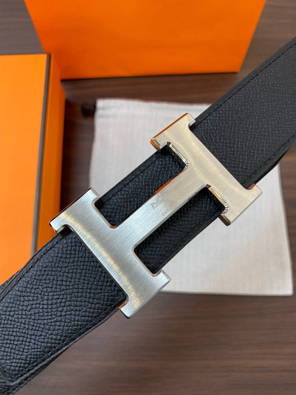 H CONTANCE BELT 38MM SILVER BUCKLE BLACK LEATHER