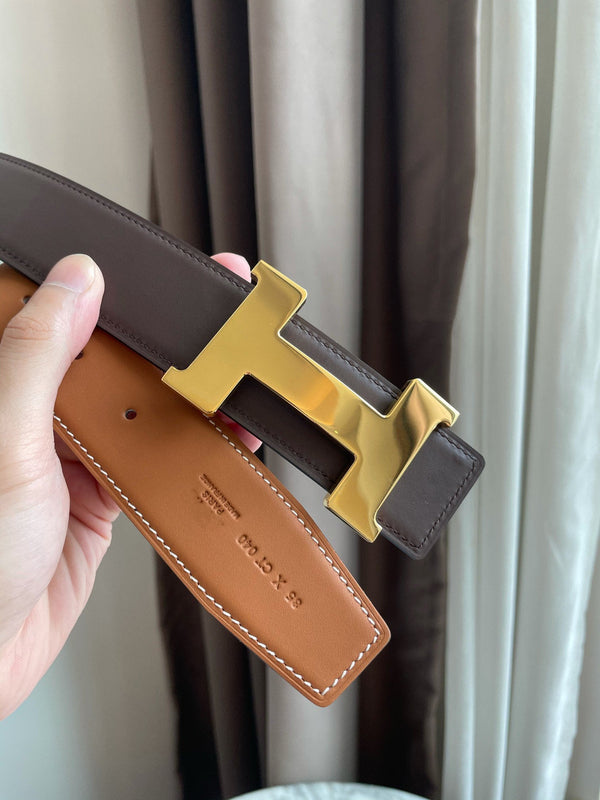 H CONSTANCE BELT 38MM GOLD BUCKLE BROWN CHOCOLATE LEATHER