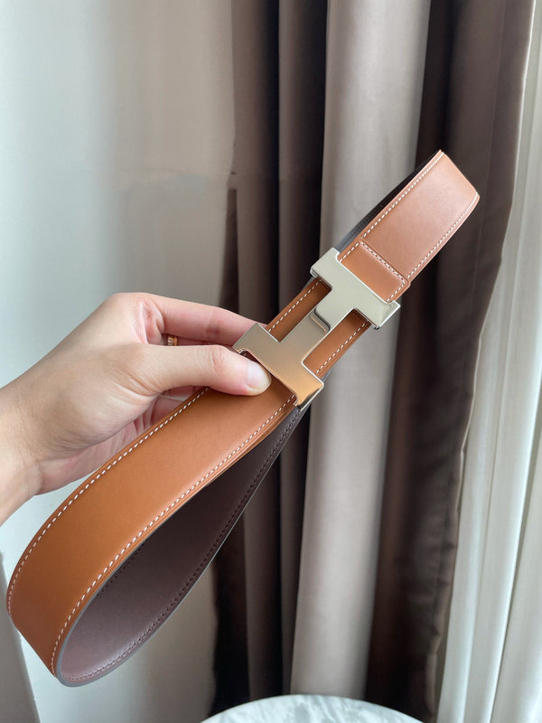 H CONSTANCE BELT 38MM SILVER BUCKLE BROWN CHOCOLATE LEATHER