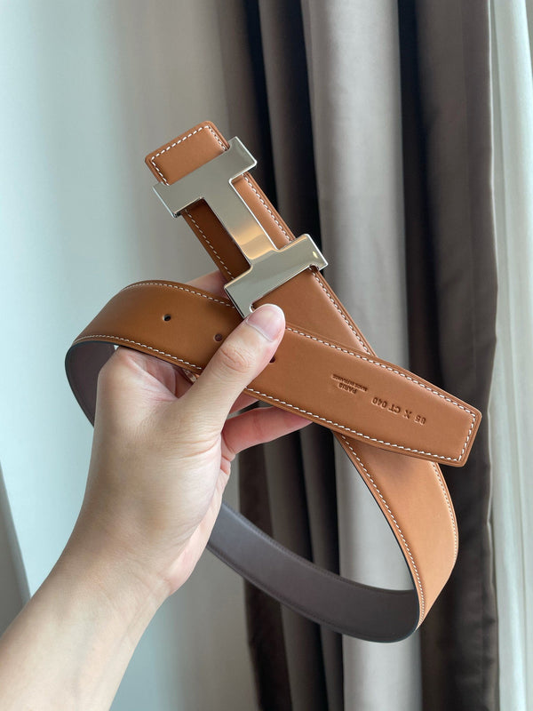 H CONSTANCE BELT 38MM SILVER BUCKLE BROWN CHOCOLATE LEATHER