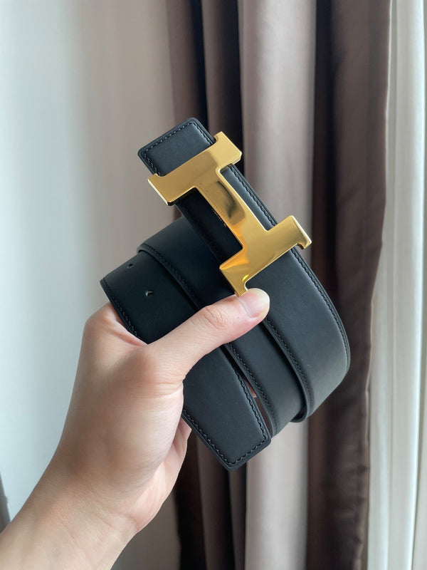 H CONSTANCE BELT 38MM GOLD BUCKLE BLACK CHOCOLATE LEATHER