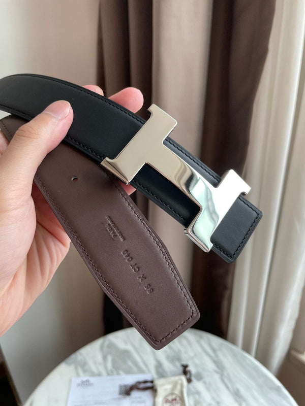 H CONSTANCE BELT 38MM SILVER BUCKLE BLACK CHOCOLATE LEATHER