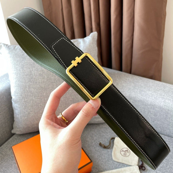 H TUBE BELT 38MM GOLD BUCKLE GREEN BLACK LEATHER