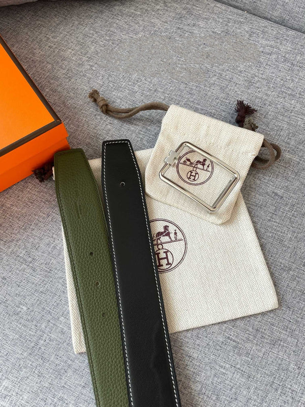 H TUBE BELT 38MM SILVER BUCKLE GREEN BLACK LEATHER