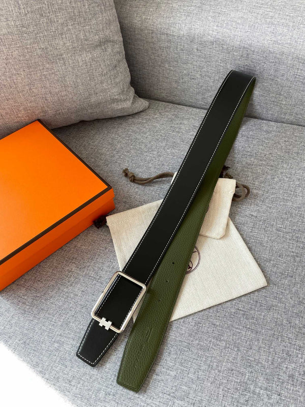 H TUBE BELT 38MM SILVER BUCKLE GREEN BLACK LEATHER