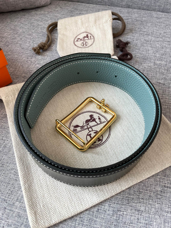 H TUBE BELT 38MM GOLD BUCKLE SKY BLUE BLACK LEATHER