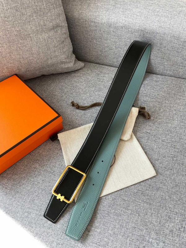 H TUBE BELT 38MM GOLD BUCKLE SKY BLUE BLACK LEATHER