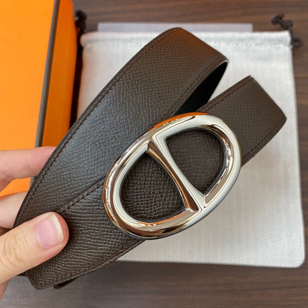 H TWIN REVERSIBLE BELT 32MM SILVER BUCKLE CHOCOLATE DARK BLUE LEATHER