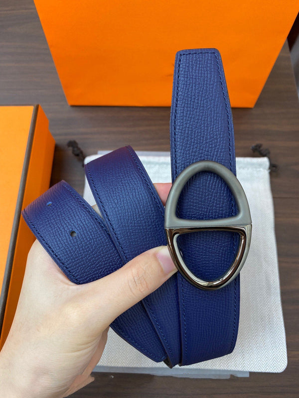 H TWIN REVERSIBLE BELT 32MM BLACK SILVER BUCKLE BLACK BLUE LEATHER