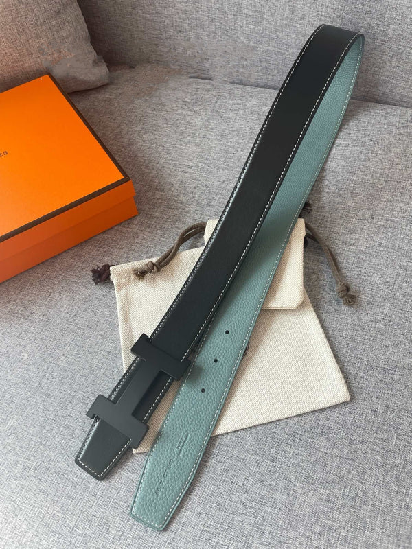 H CONSTANCE REVERSIBLE BELT 38MM BLACK BUCKLE BLACK SKY BLUE LEATHER