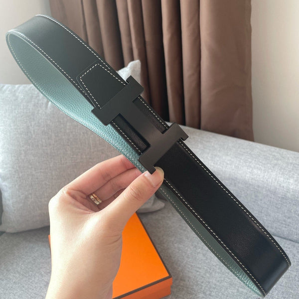 H CONSTANCE REVERSIBLE BELT 38MM BLACK BUCKLE BLACK SKY BLUE LEATHER