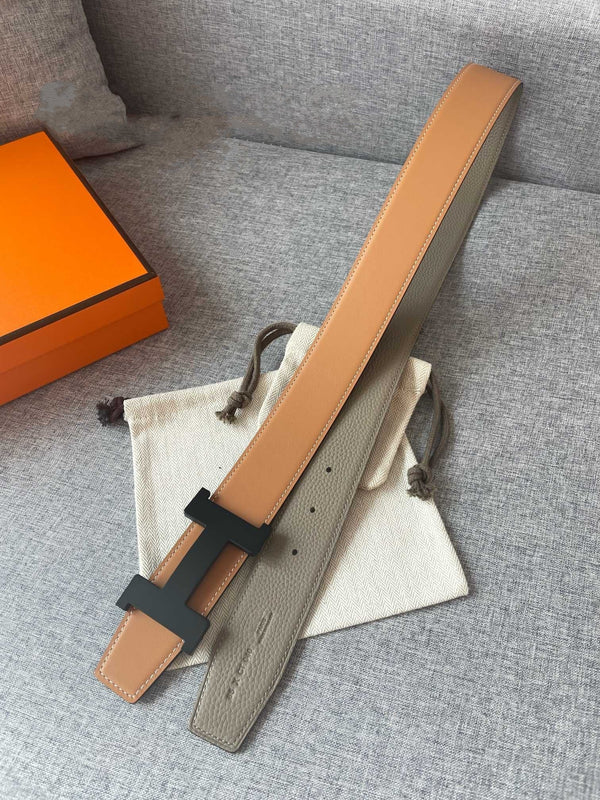 H CONSTANCE REVERSIBLE BELT 38MM BLACK BUCKLE GOLD TIN GREY LEATHER