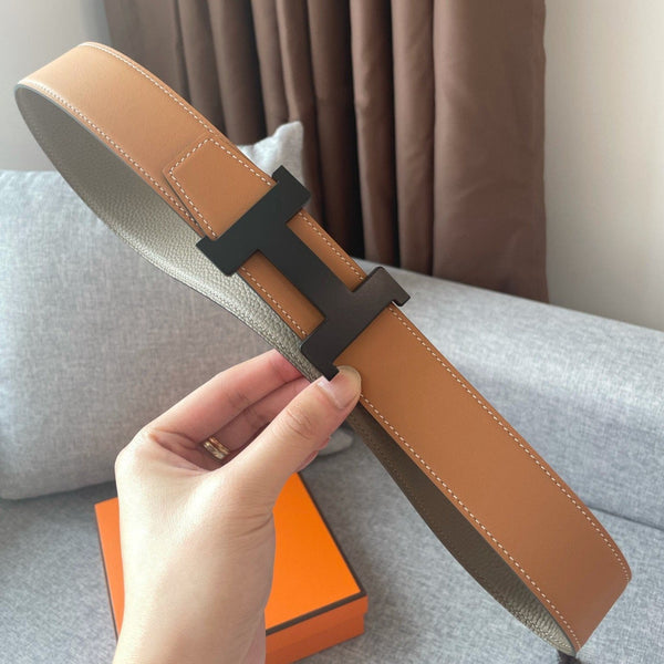 H CONSTANCE REVERSIBLE BELT 38MM BLACK BUCKLE GOLD TIN GREY LEATHER