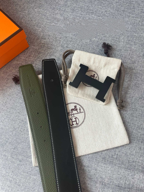 H CONSTANCE REVERSIBLE BELT 38MM BLACK BUCKLE BLACK GREEN LEATHER