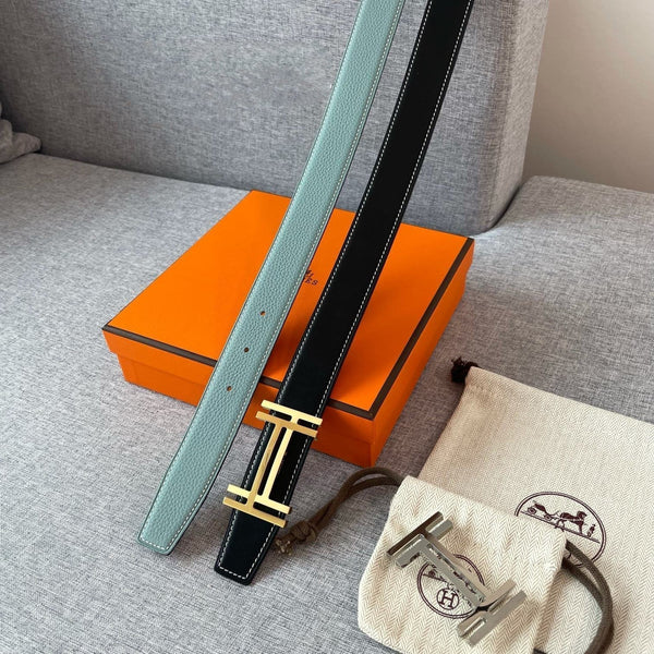 DOUBLE H REVERSIBLE BELT 32MM GOLD BUCKLE BLACK SKY BLUE LEATHER