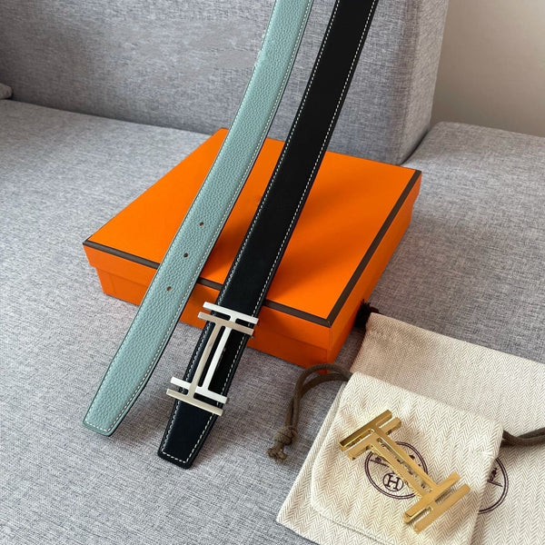 DOUBLE H REVERSIBLE BELT 32MM SILVER BUCKLE BLACK SKY BLUE LEATHER