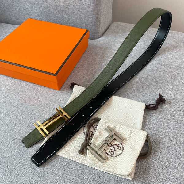 DOUBLE H REVERSIBLE BELT 32MM GOLD BUCKLE BLACK DARK GREEN LEATHER