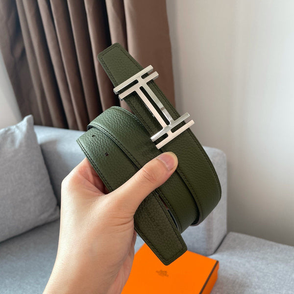 DOUBLE H REVERSIBLE BELT 32MM SILVER BUCKLE BLACK DARK GREEN LEATHER
