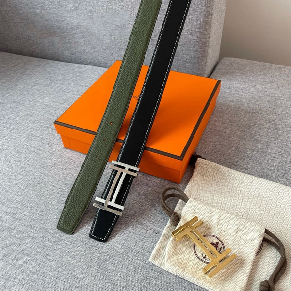 DOUBLE H REVERSIBLE BELT 32MM SILVER BUCKLE BLACK DARK GREEN LEATHER