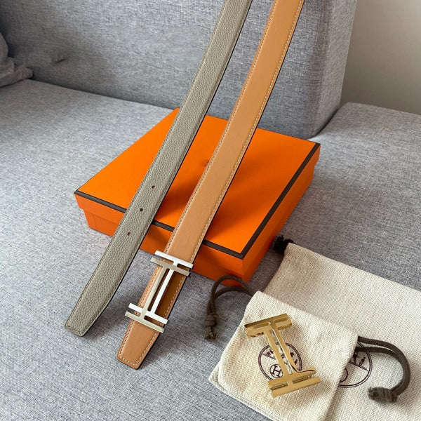 DOUBLE H REVERSIBLE BELT 32MM SILVER BUCKLE GOLD TIN GREY LEATHER