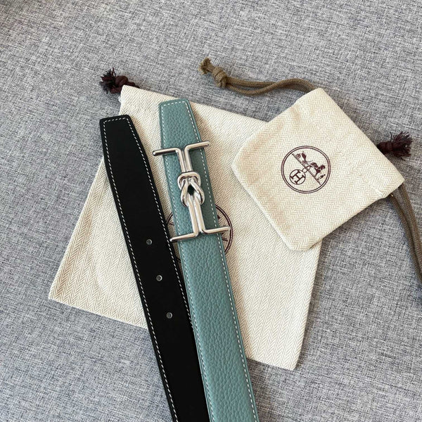 H MARIN REVERSIBLE BELT 32MM SILVER BUCKLE SKY BLUE BLACK LEATHER