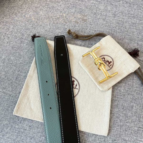 H MARIN REVERSIBLE BELT 32MM GOLD BUCKLE BLACK SKY BLUE LEATHER