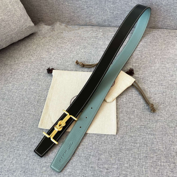 H MARIN REVERSIBLE BELT 32MM GOLD BUCKLE BLACK SKY BLUE LEATHER