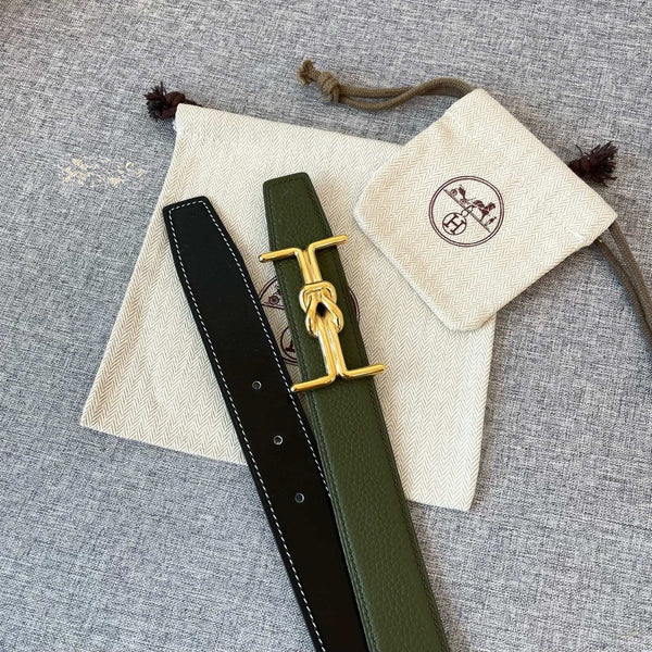 H MARIN REVERSIBLE BELT 32MM GOLD BUCKLE BLACK DARK GREEN LEATHER