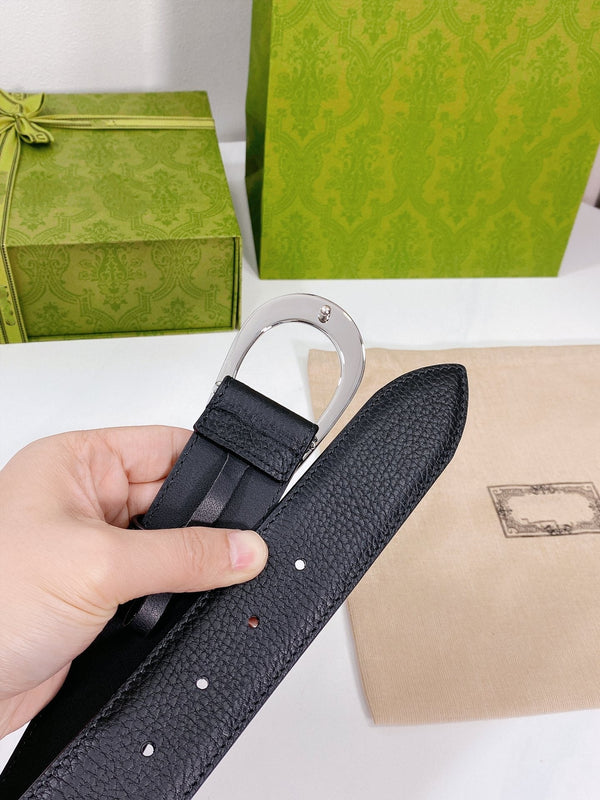 G BELT SILVER BUCKLE BLACK LEATHER 4.0CM