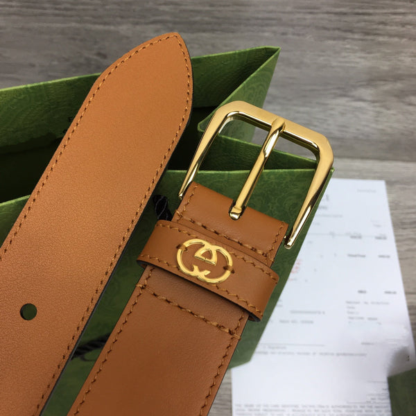 G BELT GOLD SQUARE INSTALL BUCKLE BROWN LEATHER 3.5CM