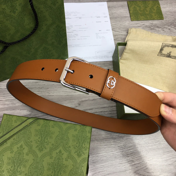 G BELT SILVER SQUARE INSTALL BUCKLE BROWN LEATHER 3.5CM