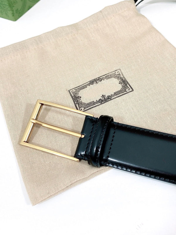 G BELT GOLD SQUARE INSTALL BUCKLE BLACK LEATHER 4.0CM