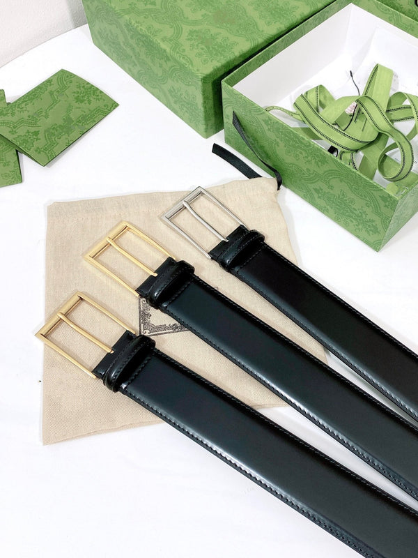 G BELT GOLD SQUARE INSTALL BUCKLE BLACK LEATHER 4.0CM